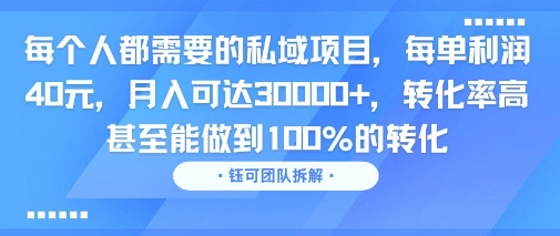 每个人都需要的私域项目，每单利润40米，月入可达3W+，转化率高 甚至能做到100%的转化