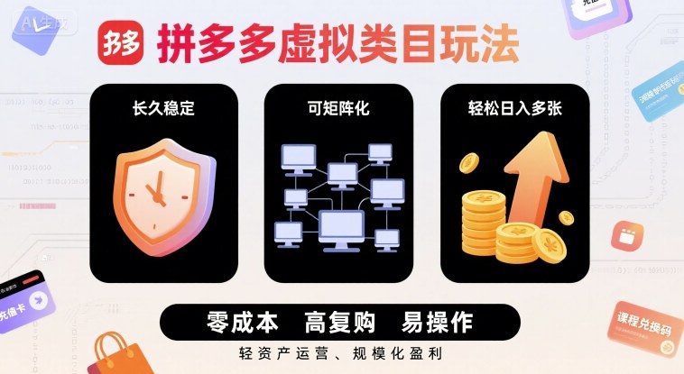 拼多多虚拟类目玩法，长久稳定，可矩阵化，轻松日入多张