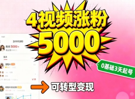 小红书暴力起号方法，四个视频涨粉5000，起号后可转型，操作简单，对小白友好