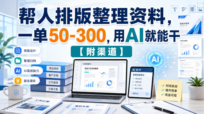 帮人排版整理资料，一单50-300，用AI就能干【附渠道】